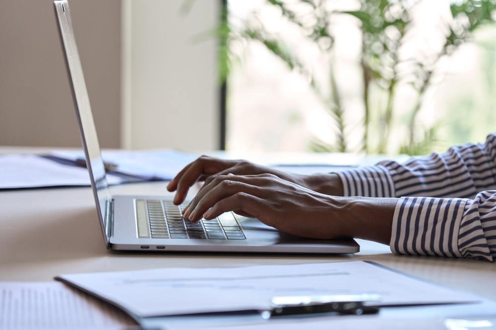 Young,Black,Female,Hands,Typing,On,Pc,Keyboard.,African,Business